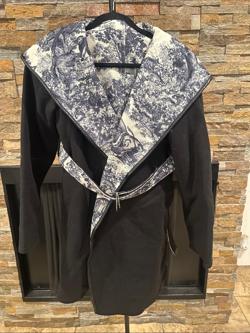 Black Trench Coat with Blue-White Scenic Trim